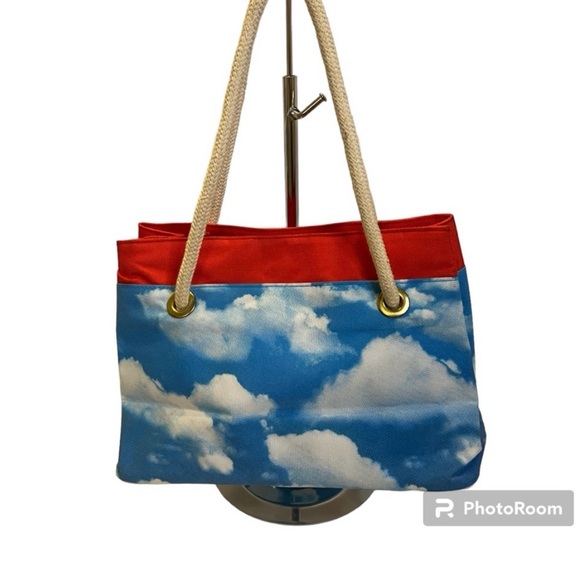 Moschino | Vintage 1990s Cloud Print Bag Red Blue Tote Logo Rope Handles - Picture 2 of 8
